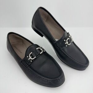 Donald Pliner Womens Black Leather Bit Loafers Silver Hardware Size 9.5 Wide